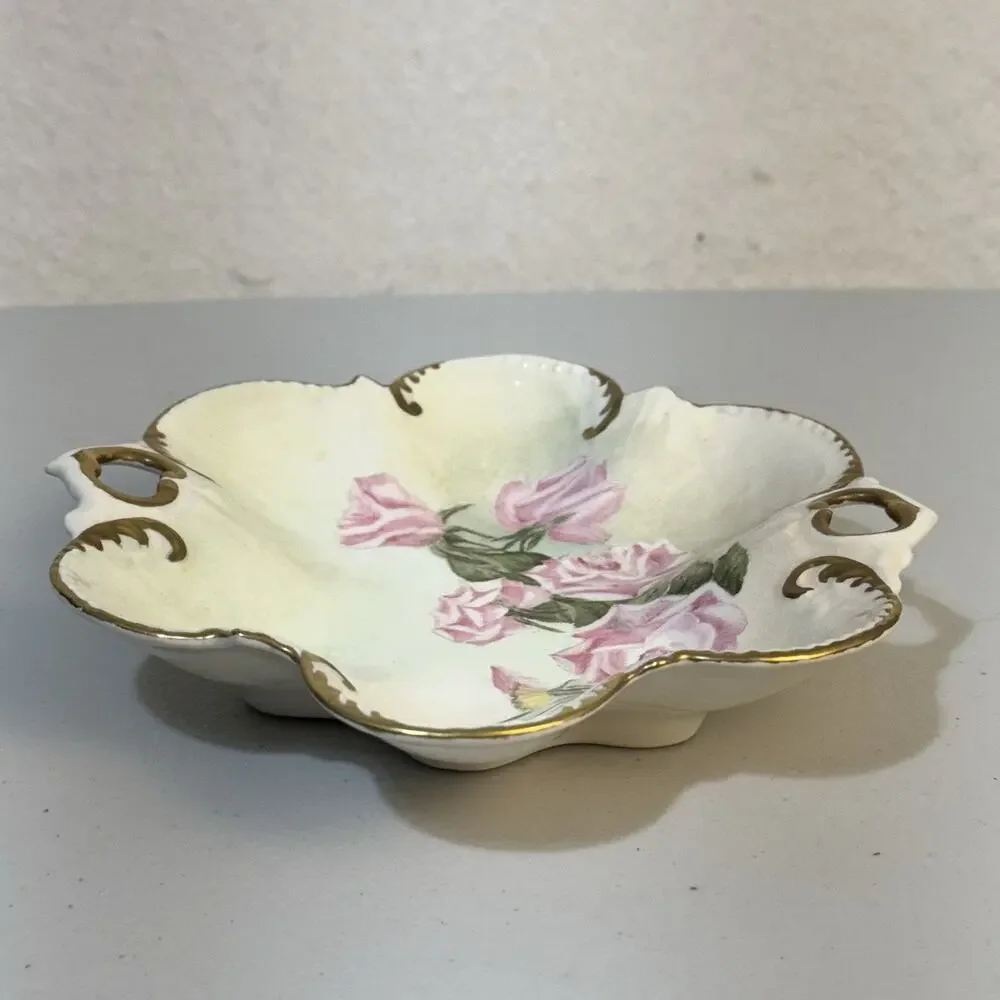 Early 20th Century Antique Hand Painted Roses Gold Gilt Porcelain Trinket Tray